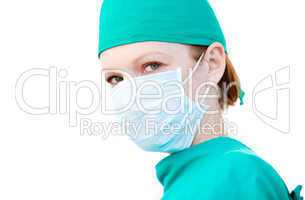 Charismatic female surgeon wearing a mask