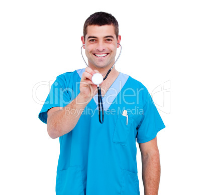Handsome male doctor holding a stethoscope