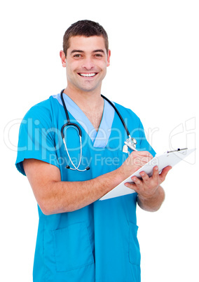 Self-assured male doctor making notes in a patient's folder