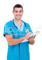 Self-assured male doctor making notes in a patient's folder