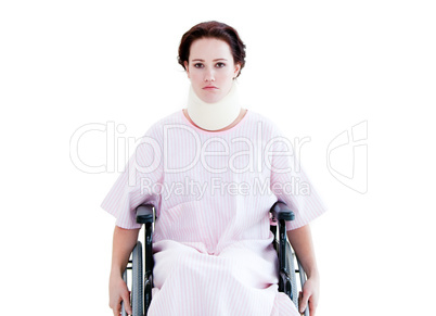 Portrait of a young woman with a neck brace sitting on a wheelch