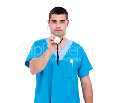 Self-assured male doctor holding a stethoscope