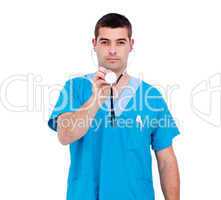 Self-assured male doctor holding a stethoscope