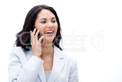 Portrait of an enthusiastic businesswoman talking on phone