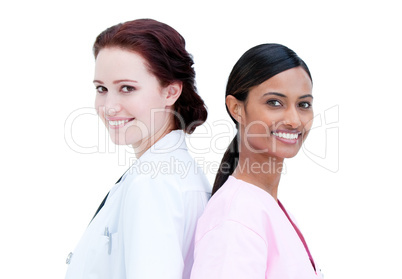 Portrait of smiling nurse and doctor standing