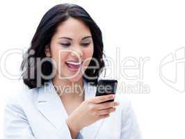 Portrait of a jolly businesswoman sending a text