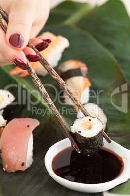 Dipping the sushi