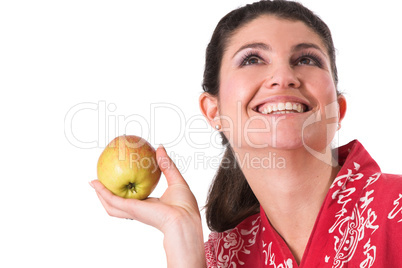 brunette holding an apple