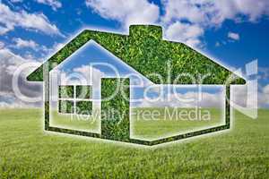 Green Grass House Icon Over Field, Sky and Clouds