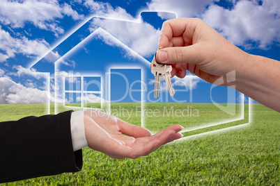 Handing Over Keys on Ghosted Home Icon, Grass Field and Sky