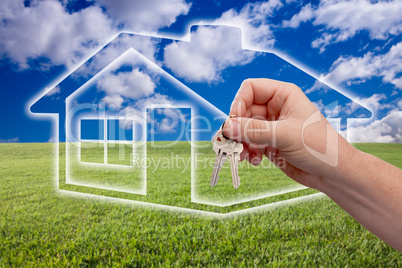 Handing Over Keys on Ghosted Home Icon, Grass Field and Sky