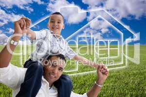 Father and Son Over Grass Field, Clouds, Sky and House Icon