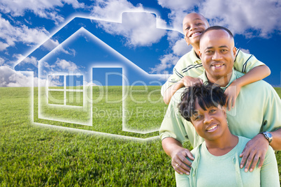 Family Over Grass Field, Clouds, Sky and House Icon