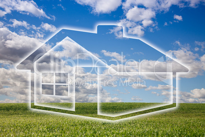 Dreamy House Icon Over Grass Field and Sky.