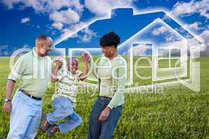 Family Over Grass Field, Clouds, Sky and House Icon