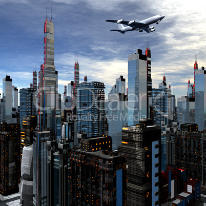 airliner above futuristic cityscape