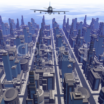 airliner above futuristic cityscape