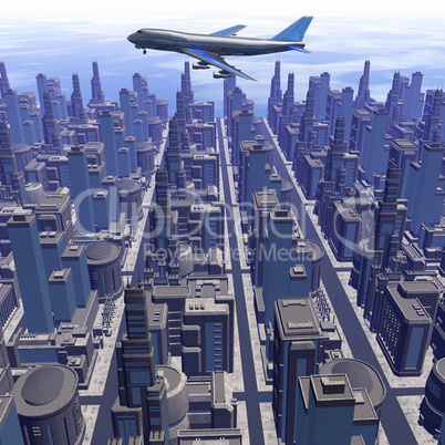 airliner above futuristic cityscape