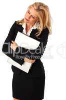 Businessfrau mit einem Notebook isoliert auf weiß