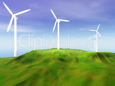 Wind turbines on green hill