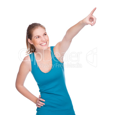 Happy woman pointing