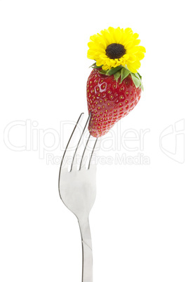 strawberry with a flower on a fork isolated on white