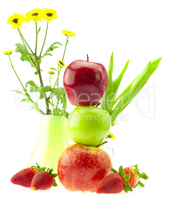 apples, strawberries and flowers isolated on white