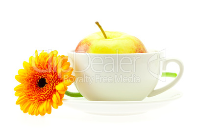 apple in a cup and a flower isolated on white