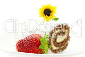 roll, strawberries and a flower isolated on white
