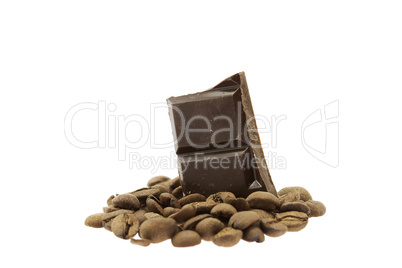 piece of chocolate coffee beans isolated on white