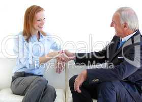 Smiling business people shaking hands sitting on a sofa