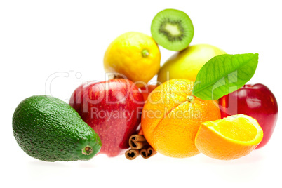 kiwi, avocado, apples, orange, lemon, and cinnamon, isolated on white