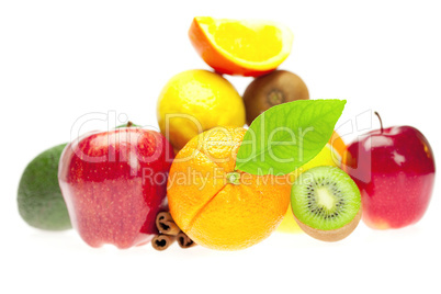 kiwi, avocado, apples, orange, lemon, and cinnamon, isolated on white