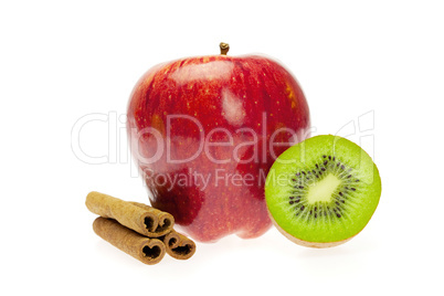 apple, kiwi and cinnamon isolated on white