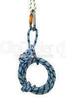 climbing equipment - carabiners and blue rope