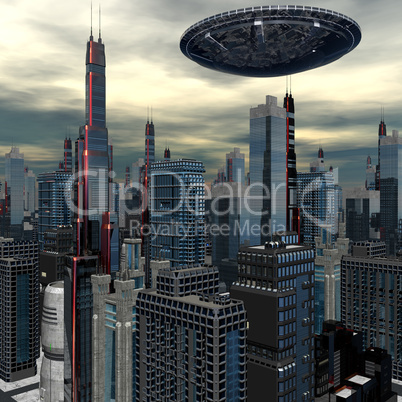 alien UFO ship in futuristic landscape