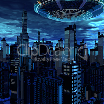 alien UFO ship in futuristic landscape