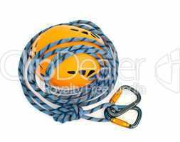 climbing equipment - carabiners, blue rope and helmet