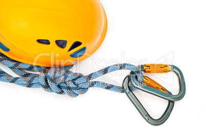 carabiners, orange helmet and rope