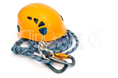 climbing equipment - carabiners, helmet and blue rope