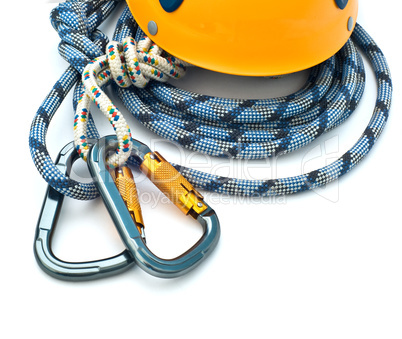 climbing equipment - carabiners, helmet and rope