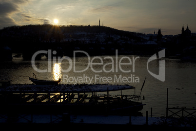 sunset at the river near the bridge in Prague