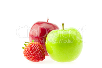 two apples and strawberries isolated on white