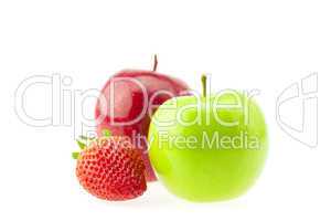 two apples and strawberries isolated on white