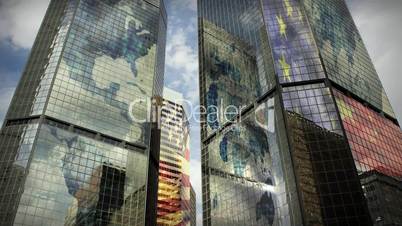 (1186) City Skyscrapers Business Office Buildings Architecture Clouds International Flags LOOP