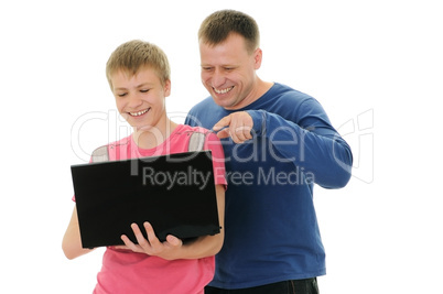 father and  son with laptop