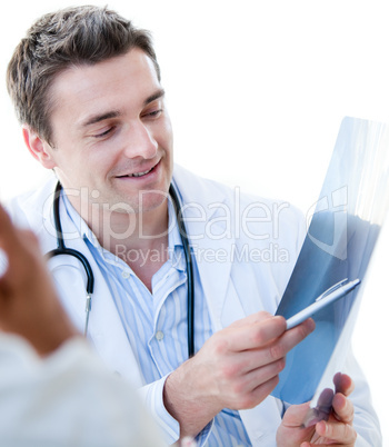 Portrait of a charming male doctor showing the results to his pa