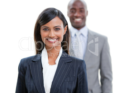 Smiling business people standing in a row