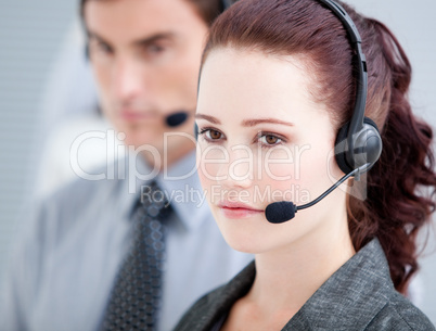Assertive customer service representatives standing in a line