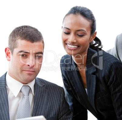 Charming businesswoman helping a colleague in a meeting